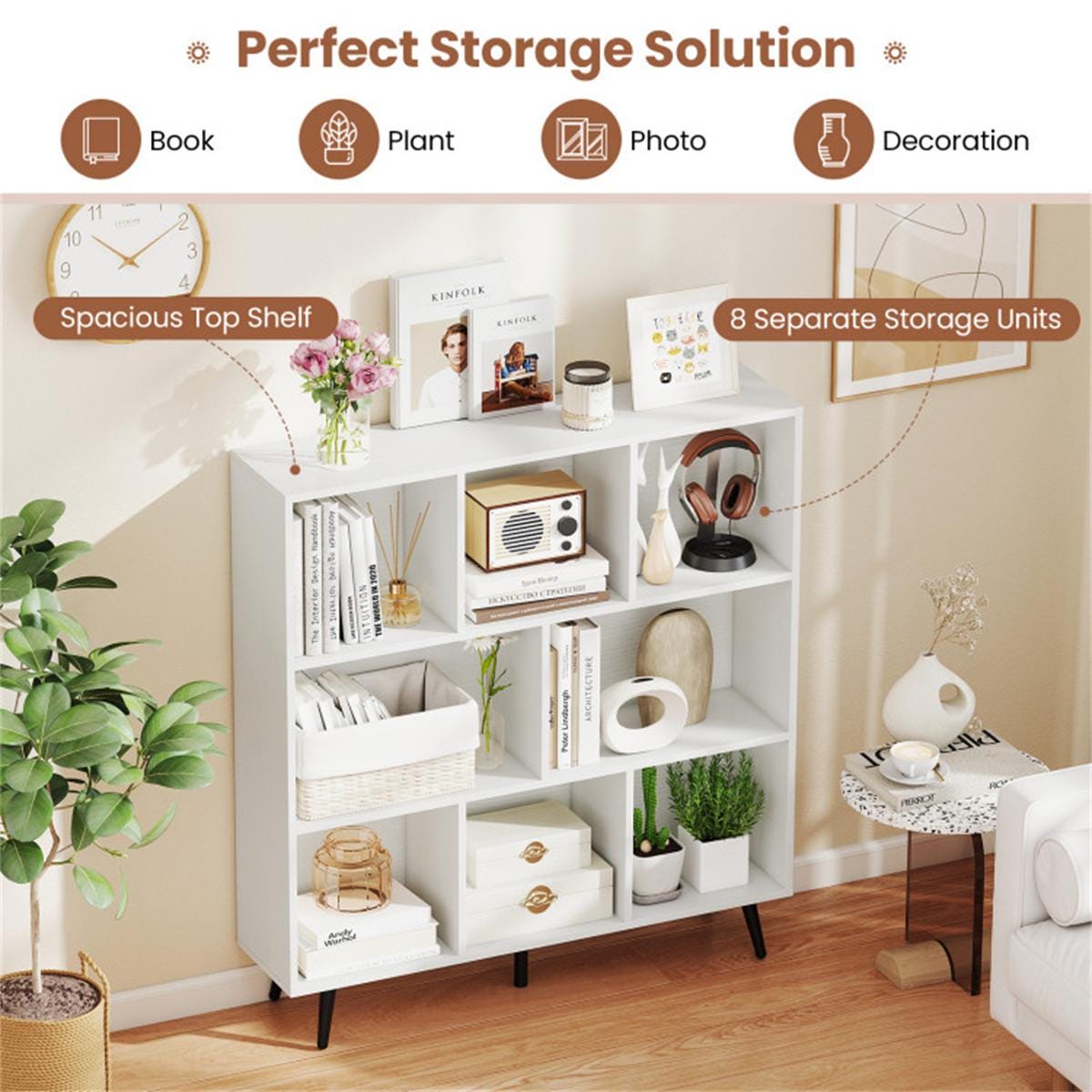 8 Cube Bookcase 3-Tier Modern Bookshelf with Metal Legs | White Storage Organizer for Home Office Decor & Display