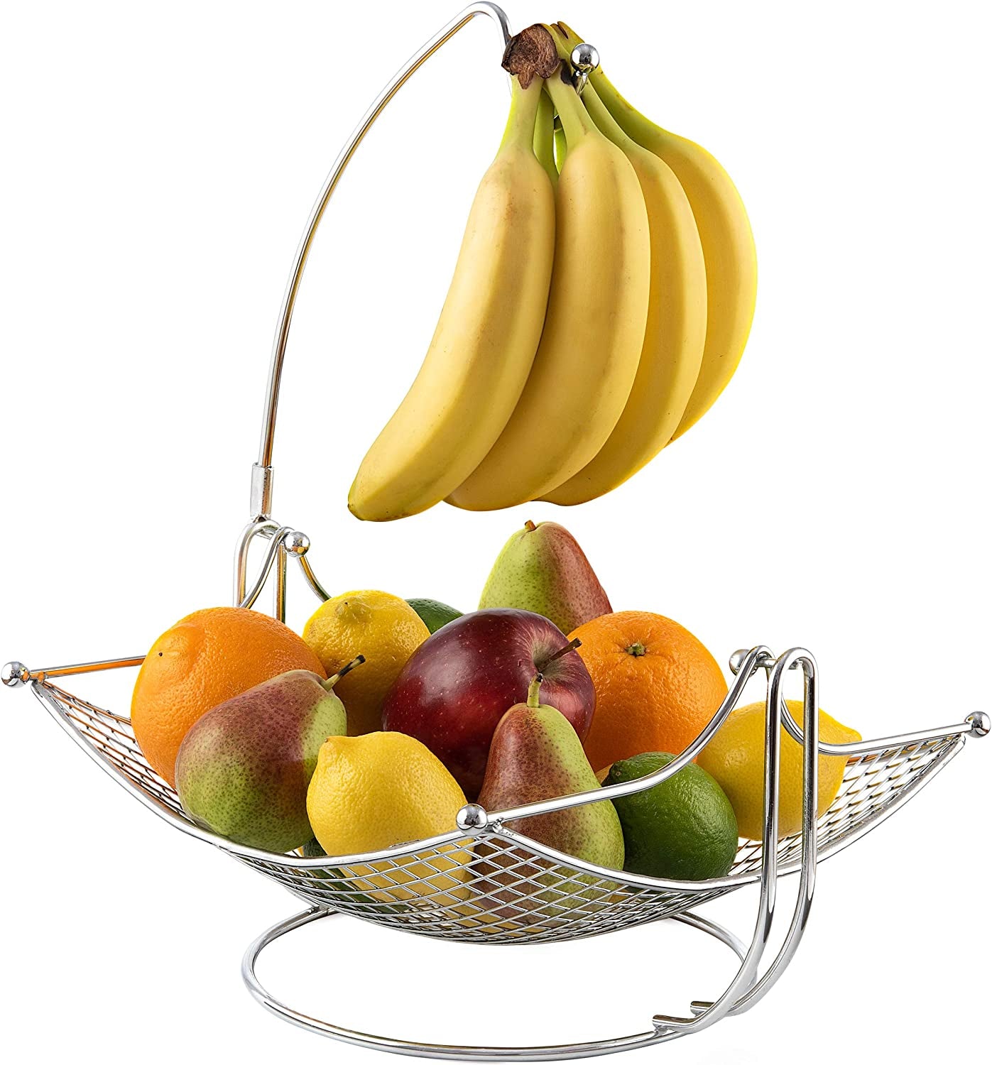 Fruit Bowl with Banana Hanger - Fruit Basket with Detachable Banana Holder - Black Chrome or Bronze Color Options (Chrome)